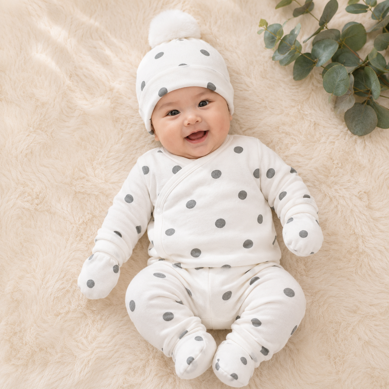 Smile Baby Newborn Baby Cap, Mittens & Booties Set | Soft Polka Dot Cotton Winter Essential Combo for Infants