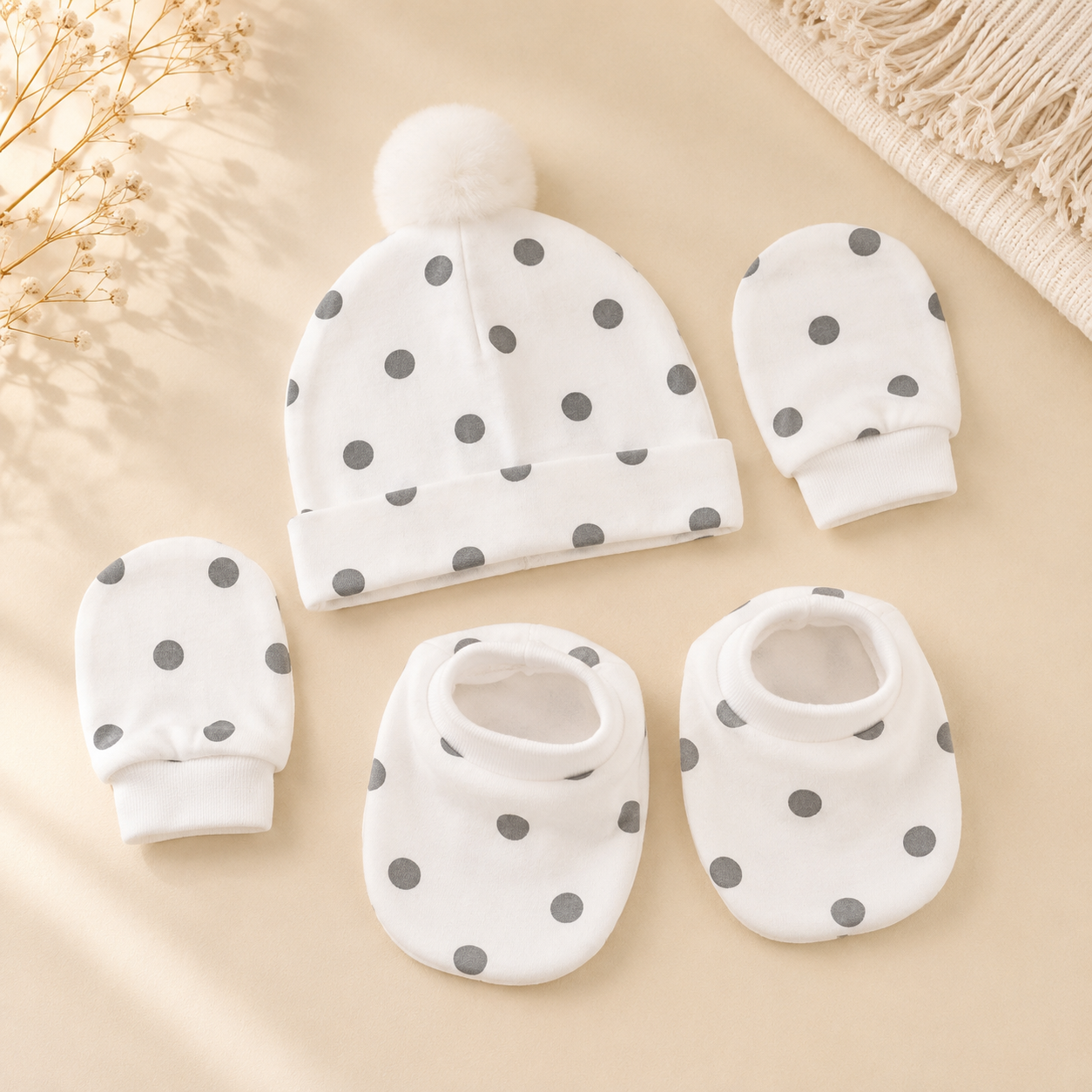 Smile Baby Newborn Baby Cap, Mittens & Booties Set | Soft Polka Dot Cotton Winter Essential Combo for Infants