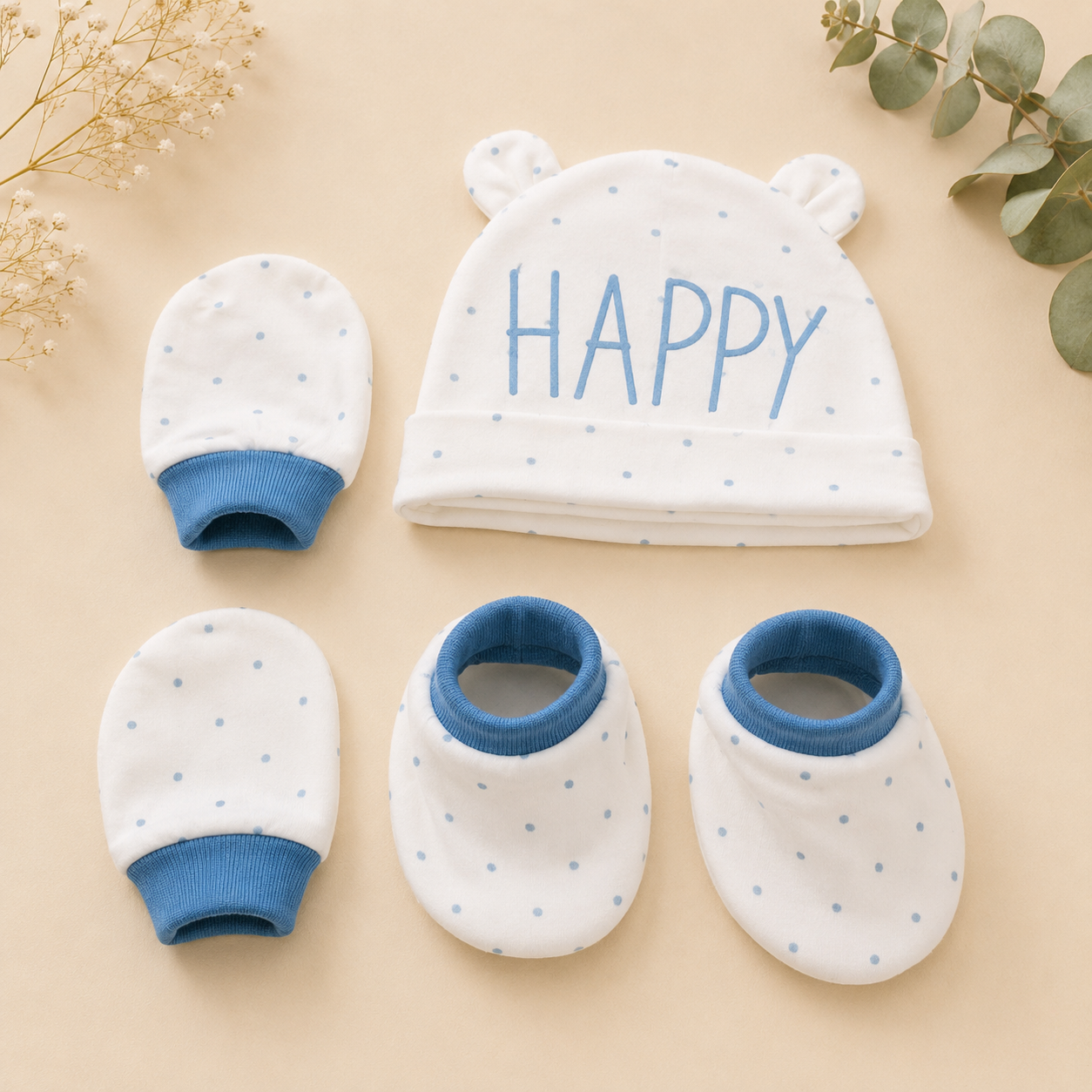 Smile Baby Newborn Baby Cap, Mittens & Booties Set | Soft Cotton Polka Dot Baby Essentials Gift Set for Infants