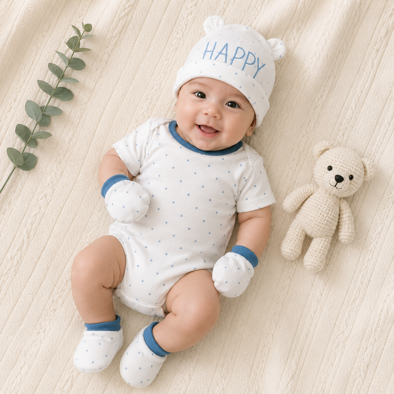 Smile Baby Newborn Baby Cap, Mittens & Booties Set | Soft Cotton Polka Dot Baby Essentials Gift Set for Infants