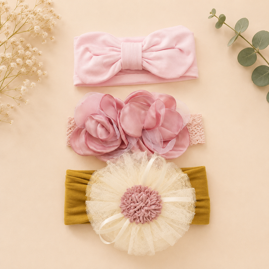 Smile Baby Baby Girls Soft Nylon Headband Set | Cute Bow, Floral & Net Flower Hairband Combo for Newborn, Infant & Toddler
