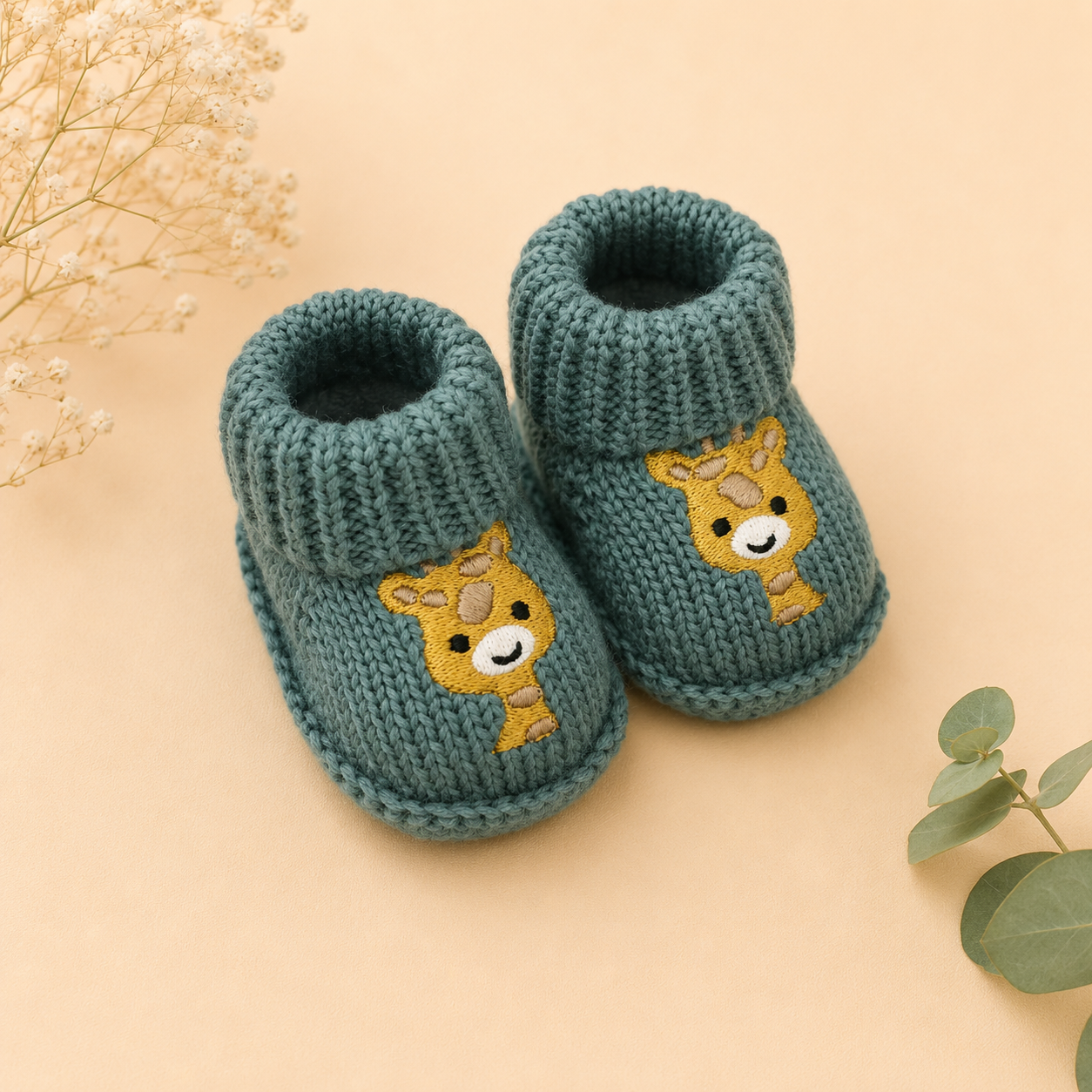Smile Baby Newborn Knitted Booties for Babies – Soft Warm Winter Baby Socks Shoes with Cute Giraffe Embroidery – Teal Green