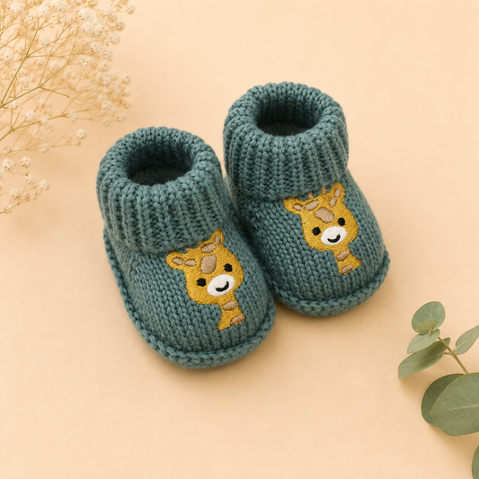 Smile Baby Newborn Knitted Booties for Babies – Soft Warm Winter Baby Socks Shoes with Cute Giraffe Embroidery – Teal Green