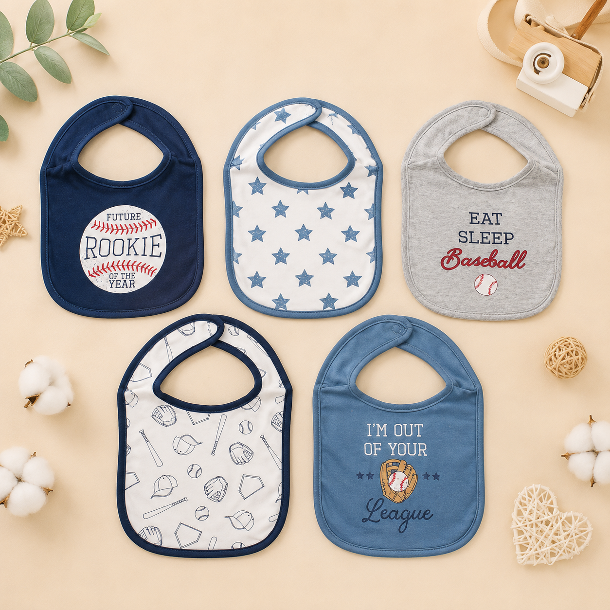 SMILE BABY Cotton Baby Bib Set of 5 – Ultra Soft Absorbent Feeding Bibs for Newborns, Infants & Toddlers | Baseball Theme Design