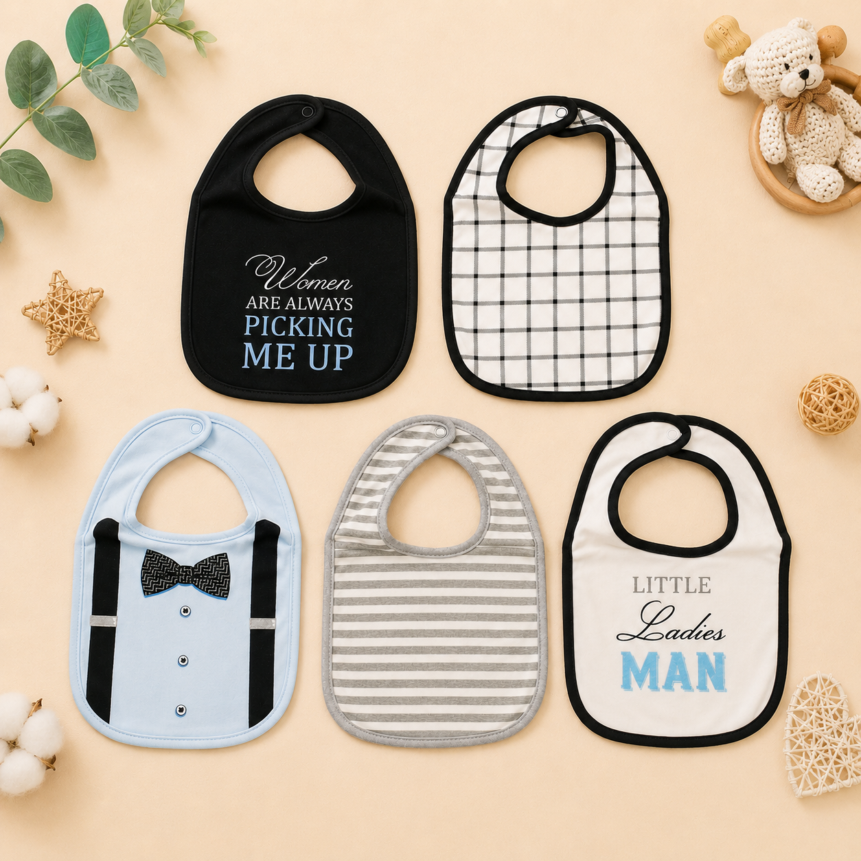 SMILE BABY Cotton Baby Bib Set of 5 – Ultra Soft Absorbent Feeding & Drooling Bibs for Newborns, Infants & Toddlers | Stylish Gentleman Theme