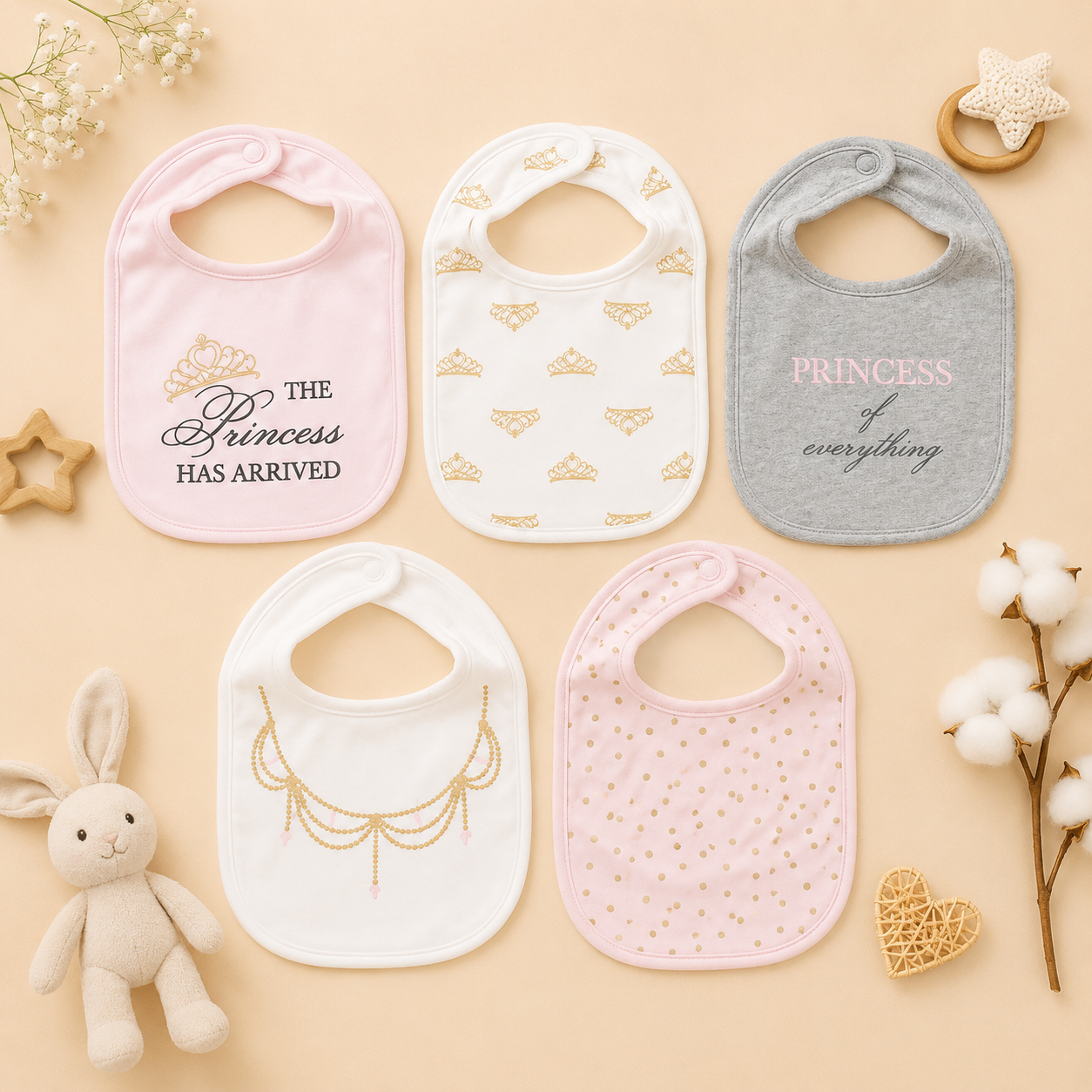 SMILE BABY Cotton Baby Bib Set of 5 – Ultra Soft Absorbent Feeding & Drooling Bibs for Newborns, Infants & Toddlers | Princess Theme Design