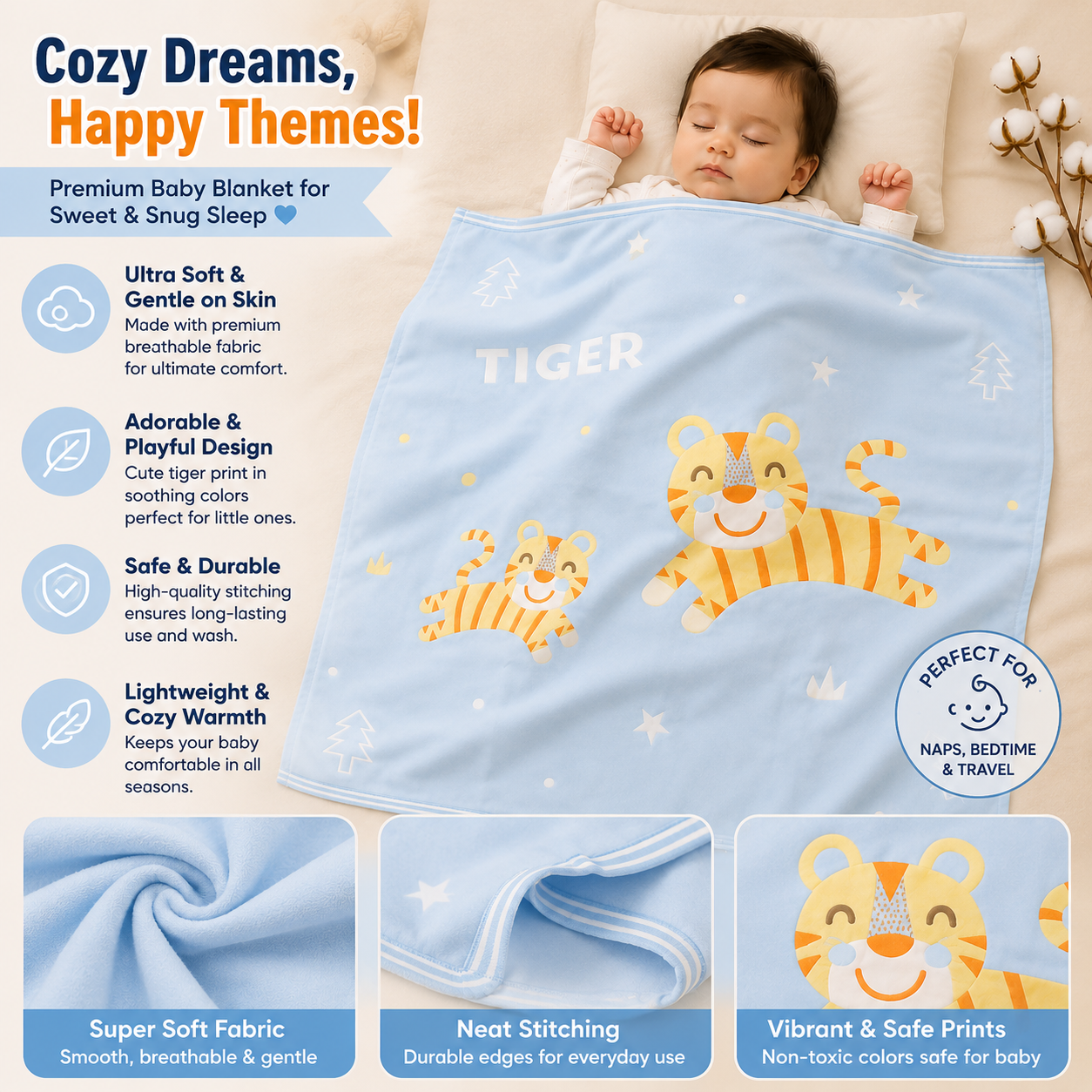 SMILE BABY Premium Baby Blanket 110x110 cm – Ultra Soft Printed Newborn Blanket for Infants & Toddlers | Blue, Green, Orange & Purple Designs