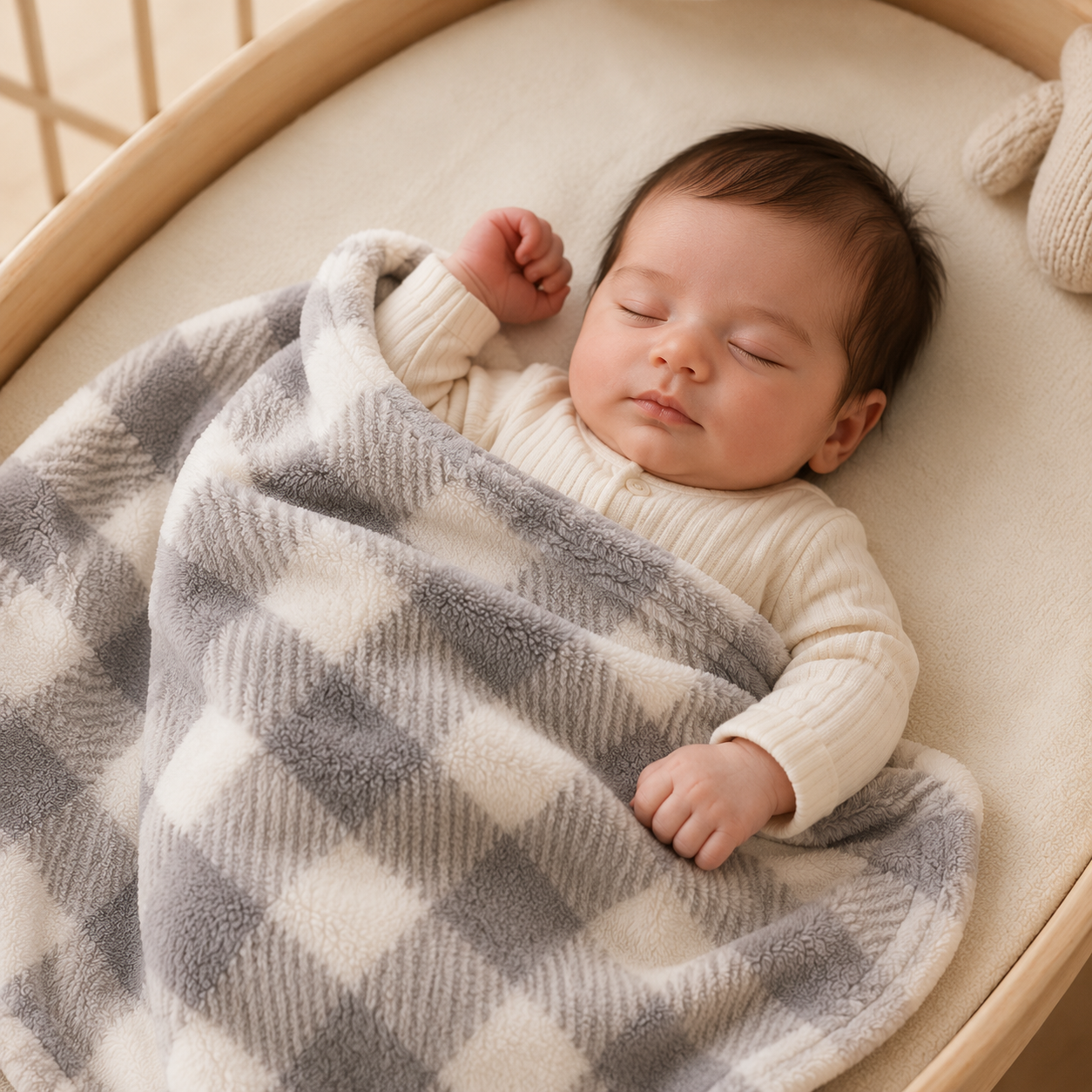 SMILE BABY Ultra Soft Baby Blanket with Cute Raccoon Plush Toy – Premium Fleece Checkered Newborn Blanket Gift Set for Babies, Toddlers & Kids (Grey & White)