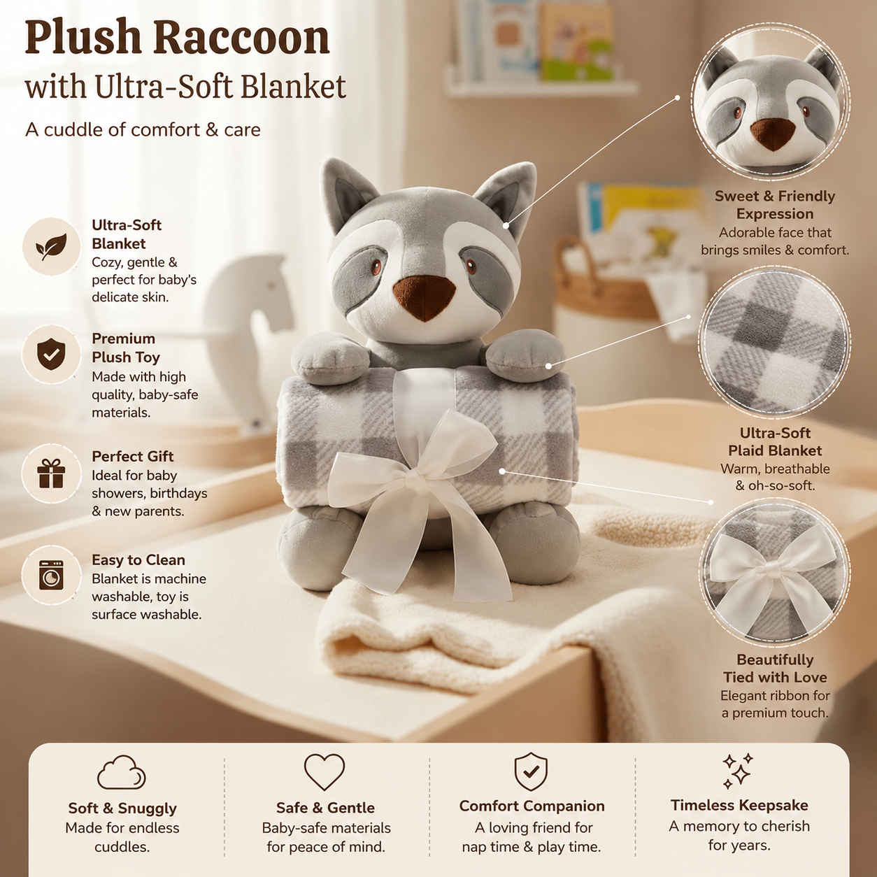 SMILE BABY Ultra Soft Baby Blanket with Cute Raccoon Plush Toy – Premium Fleece Checkered Newborn Blanket Gift Set for Babies, Toddlers & Kids (Grey & White)