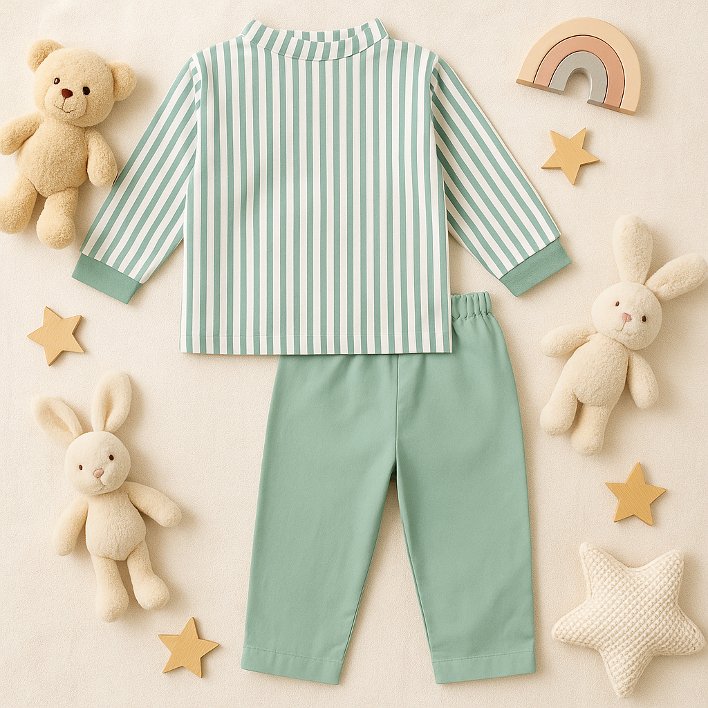 OLLYPOP Baby Boys Striped Top & Pants Set | Soft Cotton Outfit for 3 Months – 3 Years (Peach / Green)
