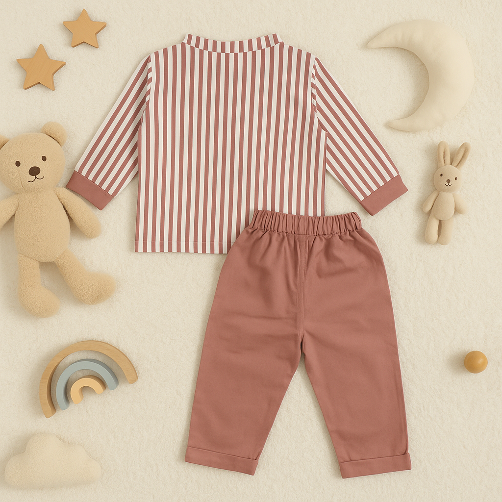 OLLYPOP Baby Boys Striped Top & Pants Set | Soft Cotton Outfit for 3 Months – 3 Years (Peach / Green)