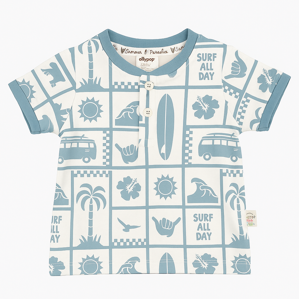 OLLYPOP “Surf All Day” Boys T-Shirt – Soft Cotton Half Sleeve Henley Tee (9M–3Y) – Blue, Mulberry & Turquoise
