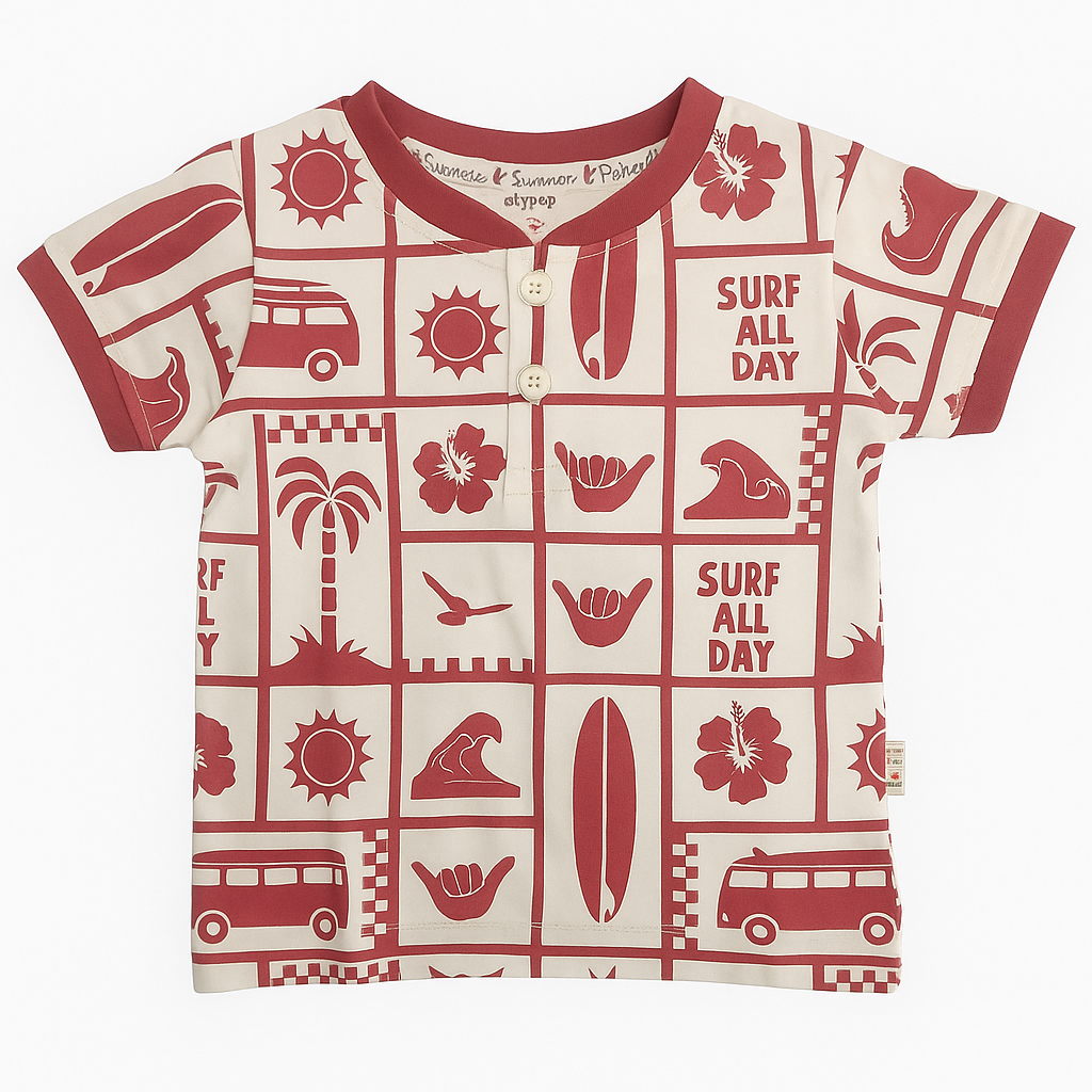 OLLYPOP “Surf All Day” Boys T-Shirt – Soft Cotton Half Sleeve Henley Tee (9M–3Y) – Blue, Mulberry & Turquoise