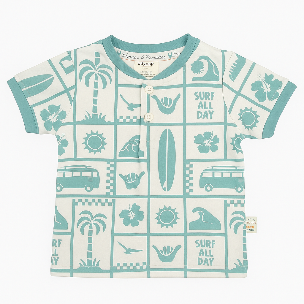 OLLYPOP “Surf All Day” Boys T-Shirt – Soft Cotton Half Sleeve Henley Tee (9M–3Y) – Blue, Mulberry & Turquoise