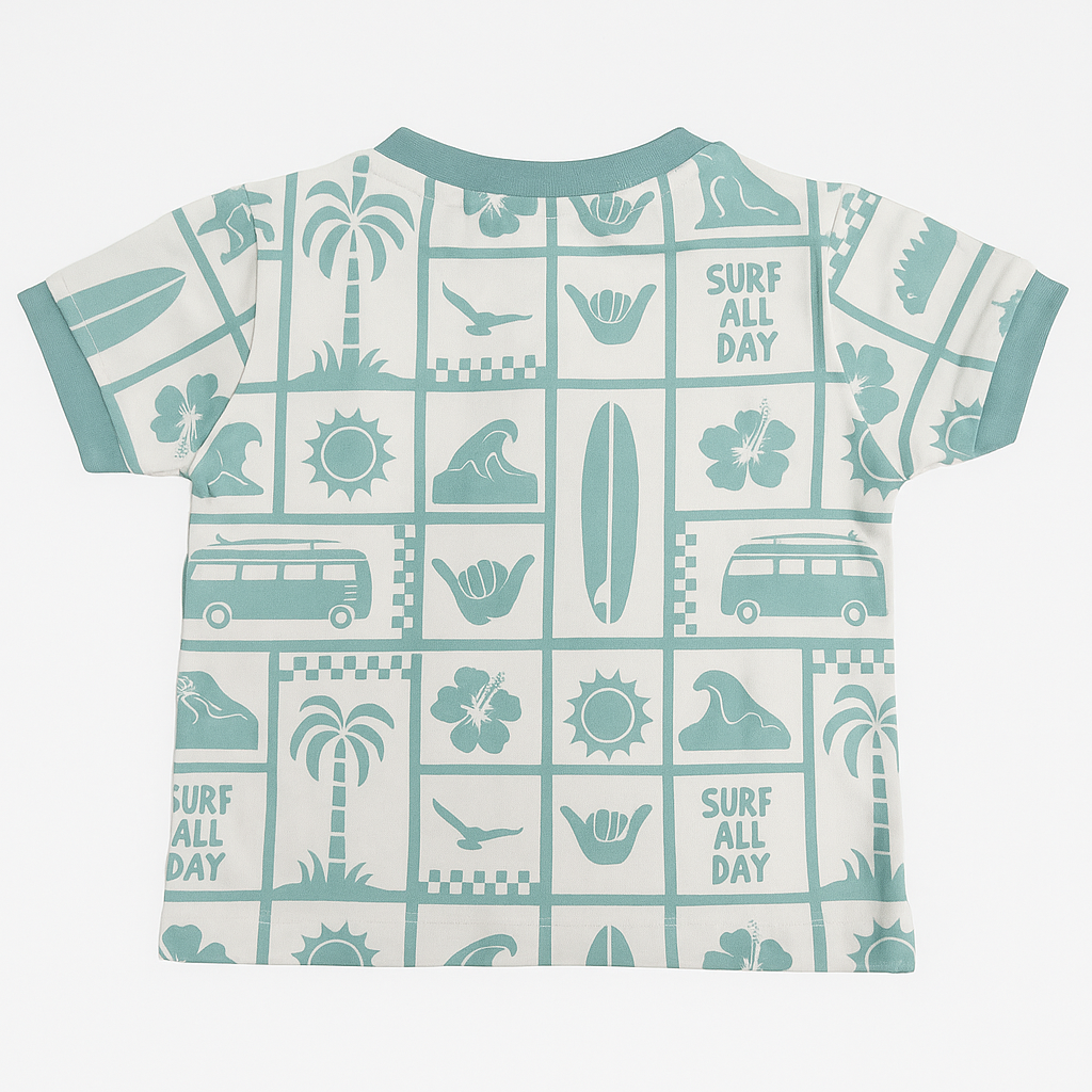 OLLYPOP “Surf All Day” Boys T-Shirt – Soft Cotton Half Sleeve Henley Tee (9M–3Y) – Blue, Mulberry & Turquoise