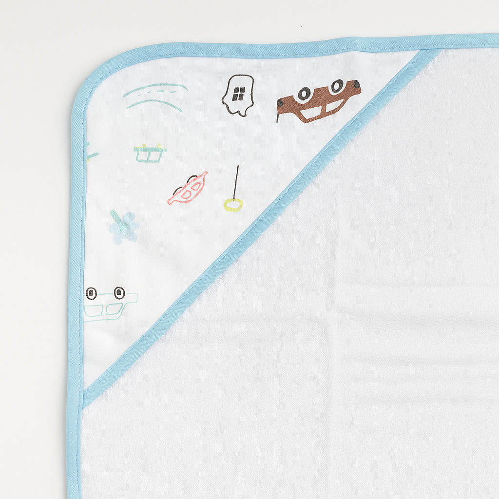 Smile Baby Premium Cotton Hooded Baby Bath Towel – Doodle Print (Blue Border) | Soft, Absorbent & Gentle for Newborns | 0–12 Months