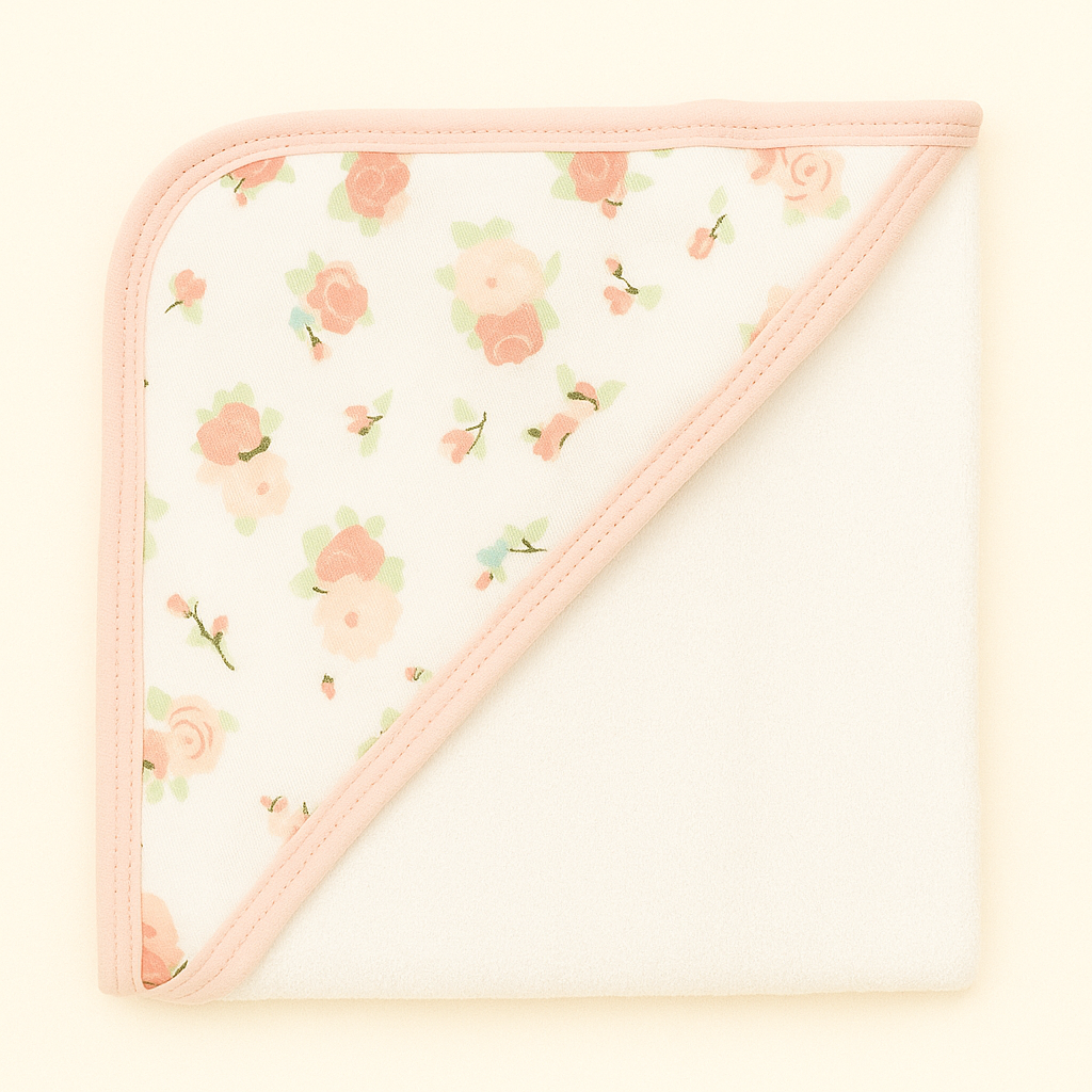 Smile Baby Ultra Soft Hooded Baby Towel | 100% Cotton Bath Towel with Floral Print & Peach Border | Lightweight, Absorbent & Gentle for Newborns & Infants (0-12 Months)