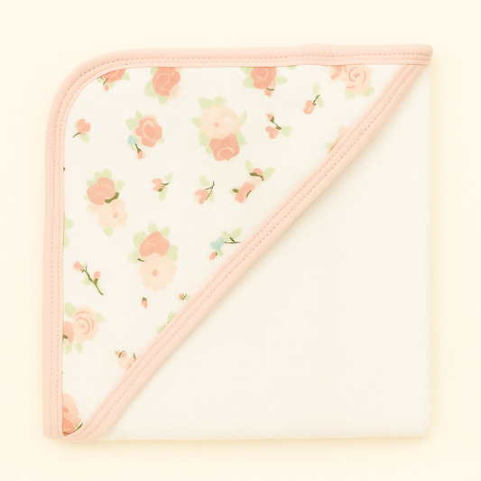 Smile Baby Ultra Soft Hooded Baby Towel | 100% Cotton Bath Towel with Floral Print & Peach Border | Lightweight, Absorbent & Gentle for Newborns & Infants (0-12 Months)