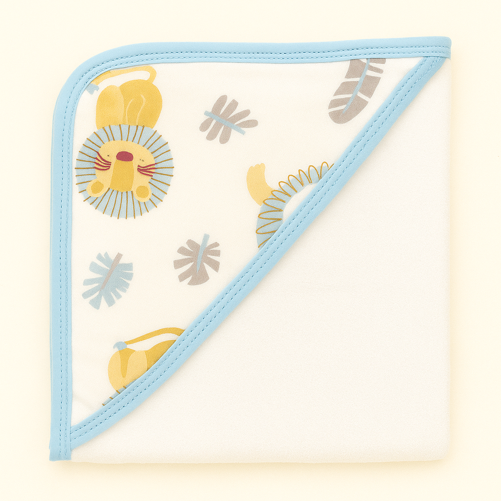 Smile Baby Ultra Soft Hooded Baby Towel | 100% Cotton Bath Towel with Cute Lion Print & Blue Border | Perfect for Newborns & Infants (0-12 Months)
