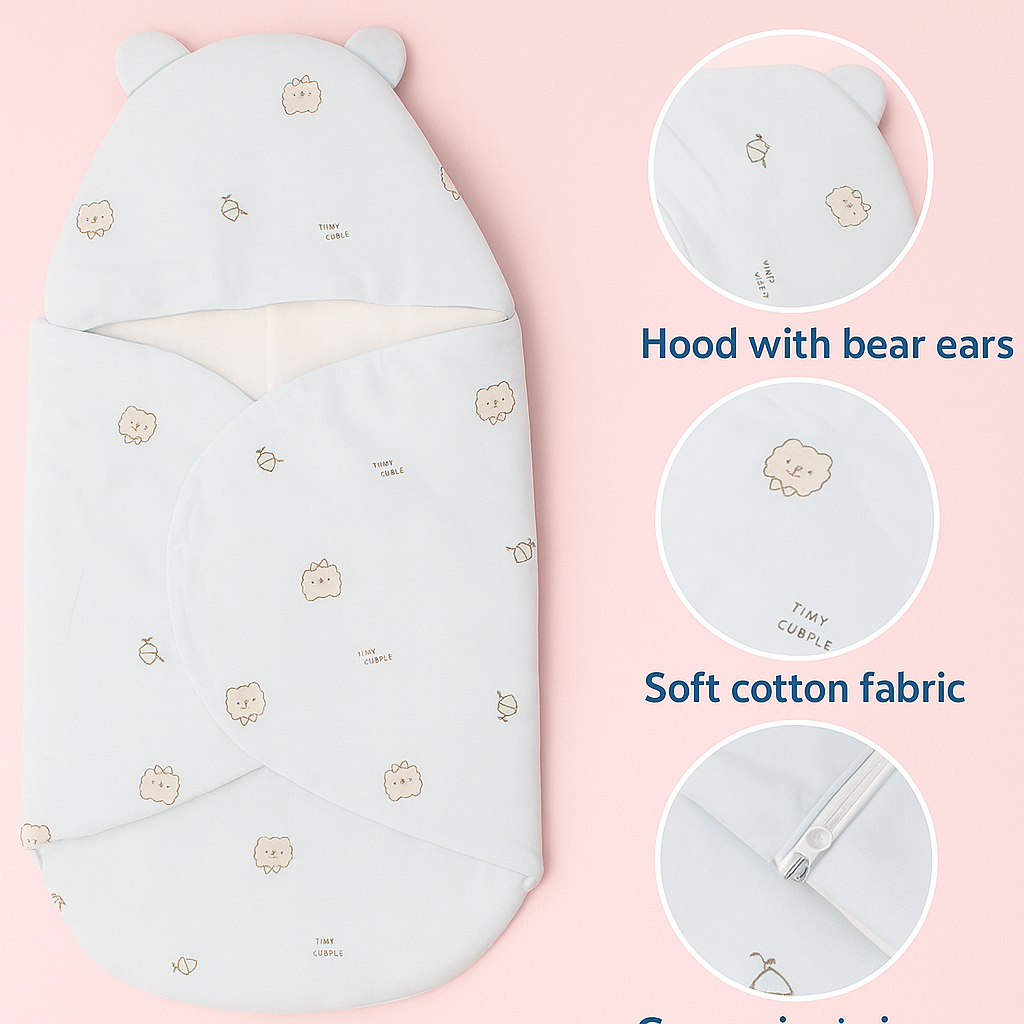 Smile Baby Soft Cotton Baby Swaddle Wrap with Hood & Zip | Newborn Sleeping Bag for 0–6 Months | Light Blue Cute Bear Print