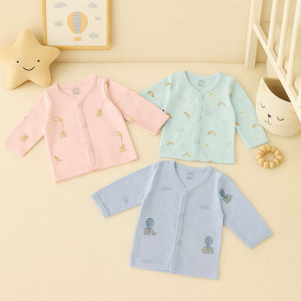 Cotton Baby Jabla Set – Soft Full-Sleeve Printed Tops (0–1 Month) | Premium Nursery-Themed Button Shirts for Newborns | available any 3 colors of pack