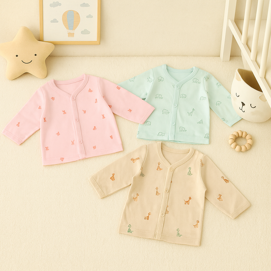 Cotton Baby Jabla Set – Soft Full-Sleeve Printed Tops (0–1 Month) | Premium Nursery-Themed Button Shirts for Newborns