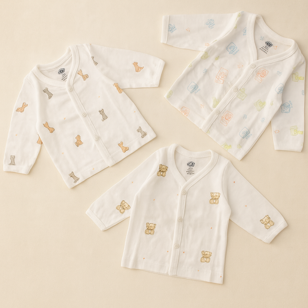 Soft Cotton Baby Jabla Set – Cute Printed Full-Sleeve Infant Tops (0–1 Month) | Gentle, Breathable & Nursery-Themed Designs