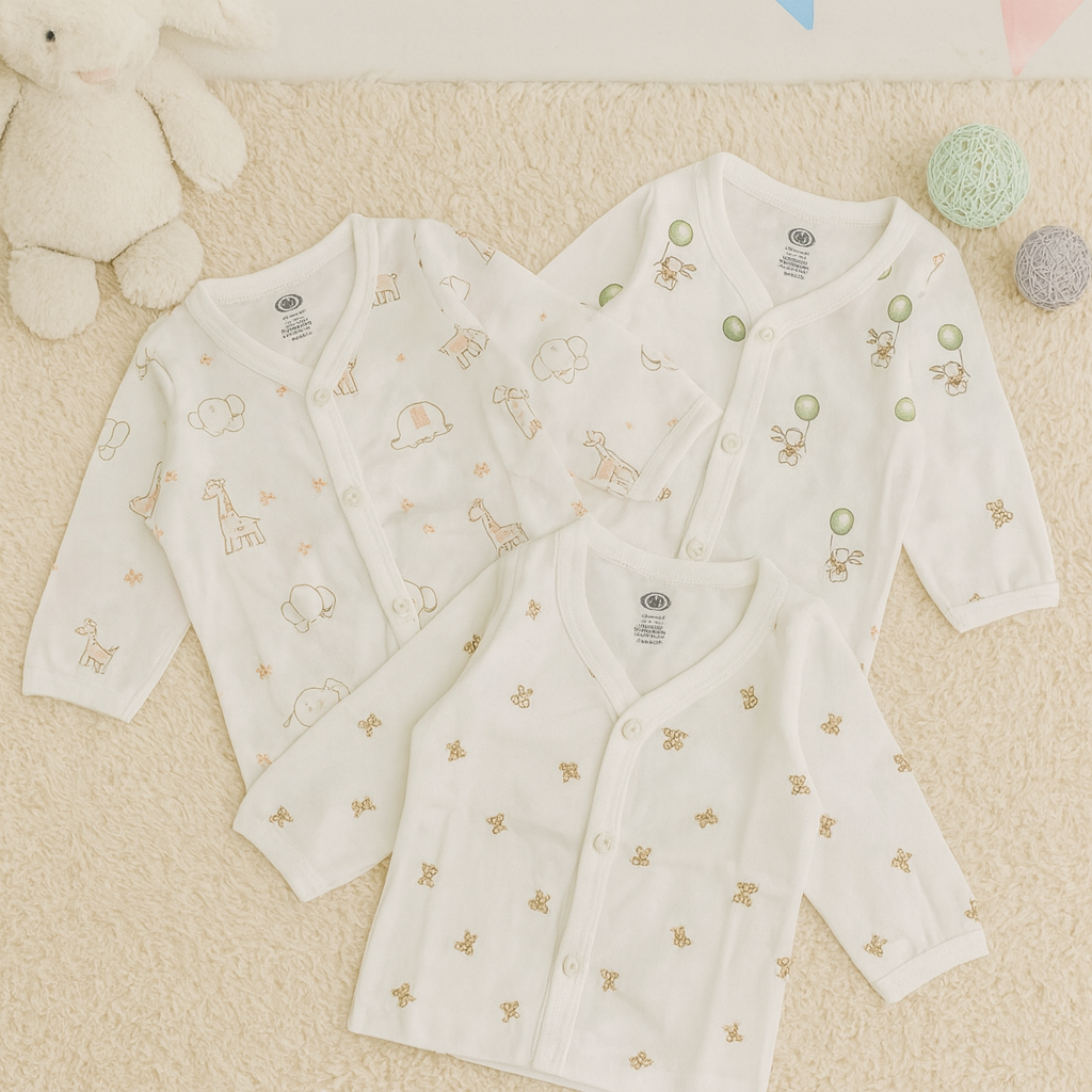 Soft Cotton Baby Jabla Set – Cute Printed Full-Sleeve Infant Tops (0–1 Month) | Gentle, Breathable & Nursery-Themed Designs