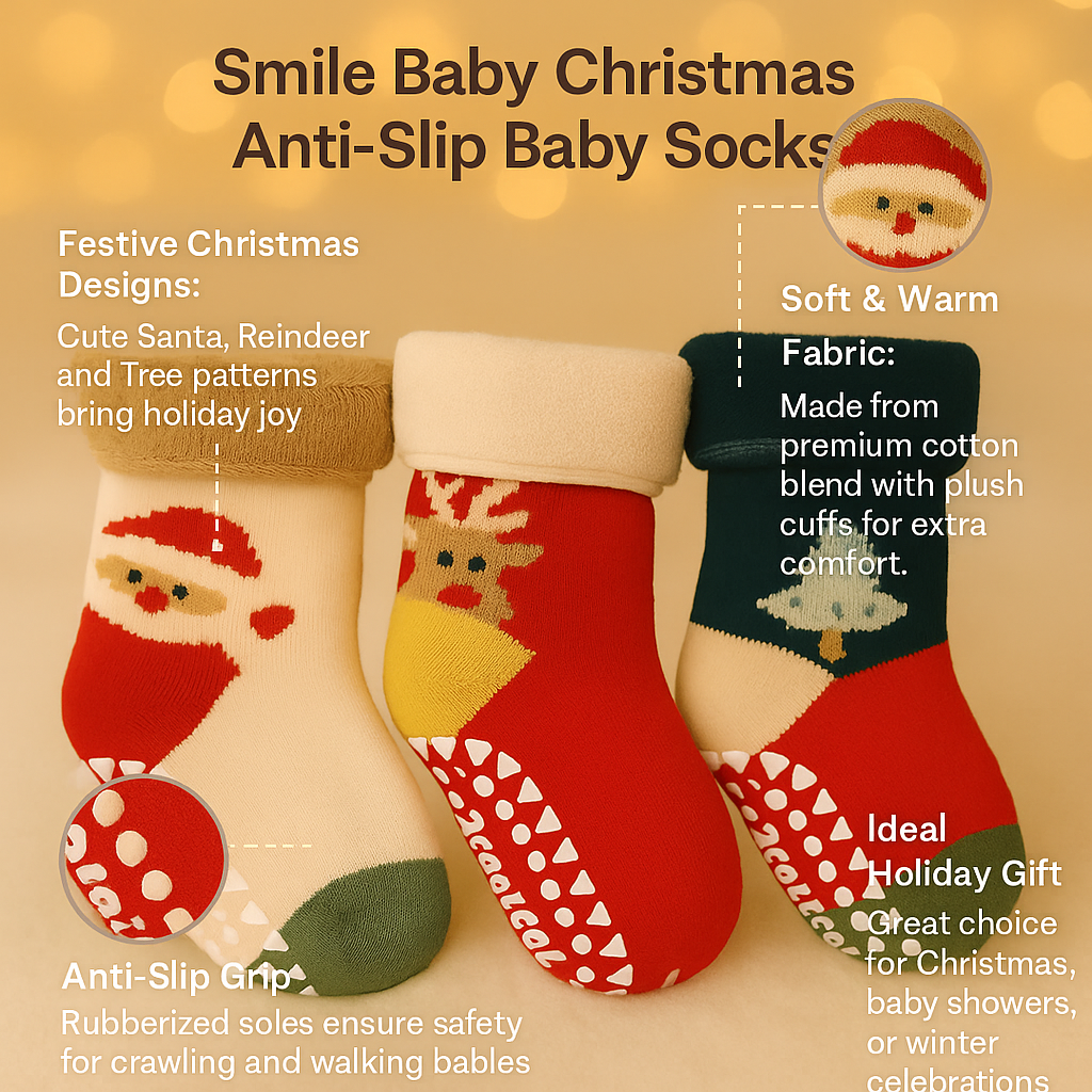 Smile Baby Christmas Theme Anti-Slip Cotton Baby Socks – Warm, Soft & Stretchable Infant Socks (Pack of 3 – Santa, Reindeer & Tree Design) AGE 0-12 M