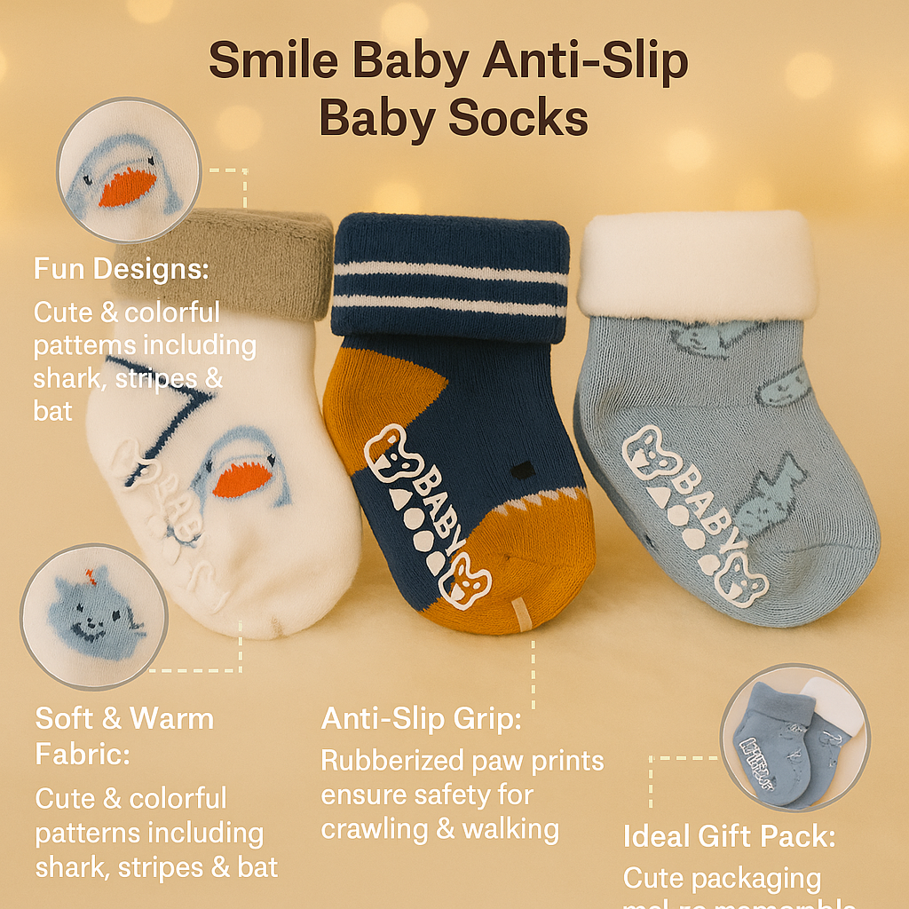 Smile Baby Unisex Anti-Slip Cotton Socks – Soft, Warm & Stretchable Baby Socks (Pack of 3 – Shark, Stripes & Bat Designs) 0-12M