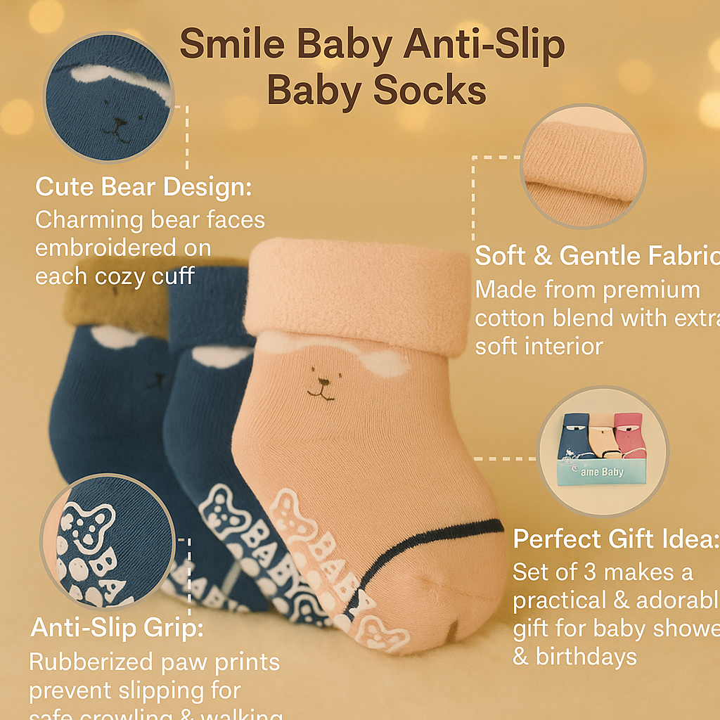 Smile Baby Unisex Anti-Slip Cotton Baby Socks – Soft, Cozy & Stretchable Infant Socks (Pack of 3 – Blue, Peach & Pink Bear Design)