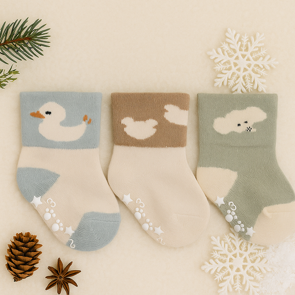 Smile Baby Cozy Winter Socks Set – Cute Animal Design (3 Pairs) | Warm & Soft Anti-Slip Socks for Infants