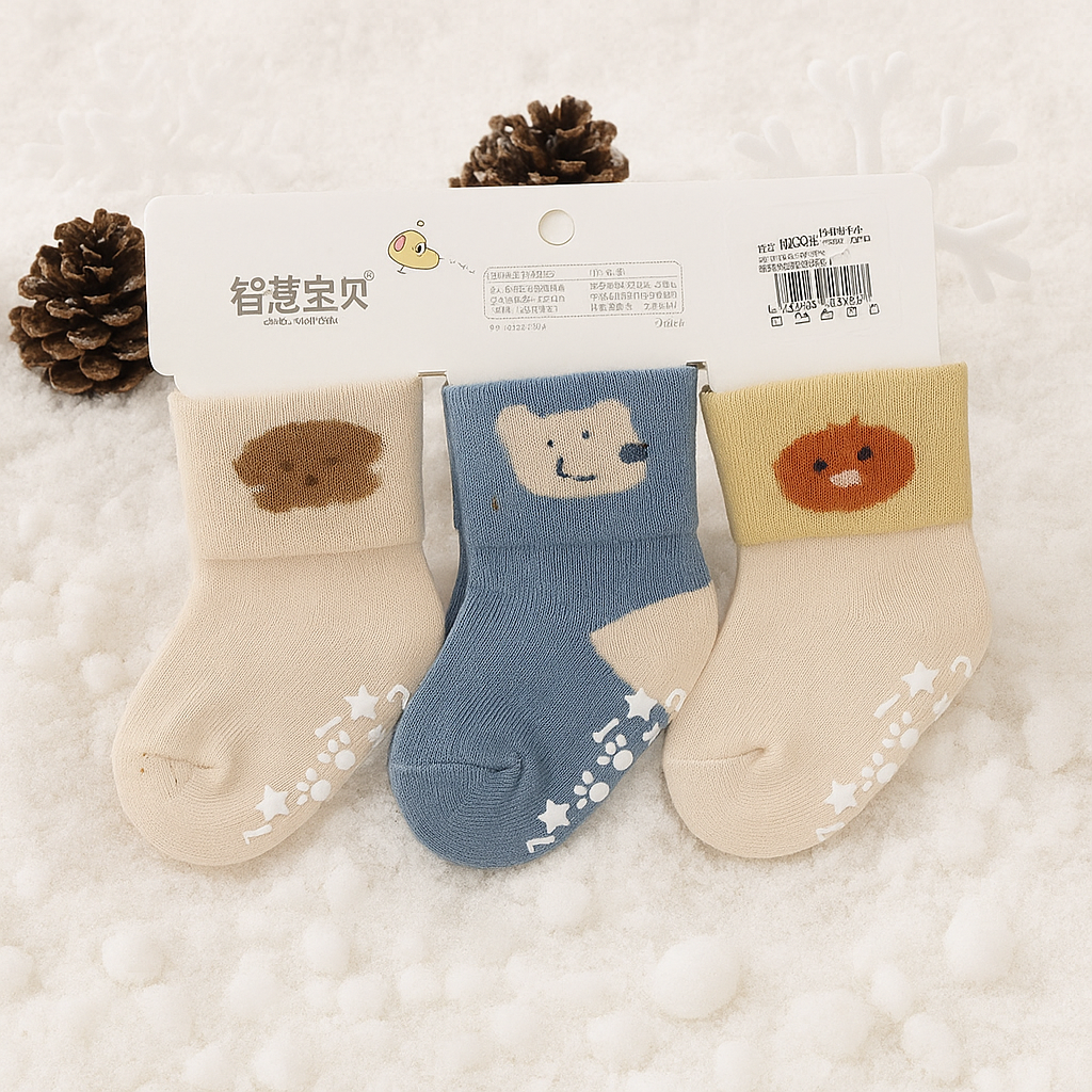 Smile Baby Winter Animal Face Socks Set for Infants – Pack of 3 Soft Cotton Warm Socks with Anti-Slip Grips , AGE 0-12M