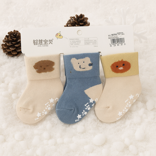 Smile Baby Winter Animal Face Socks Set for Infants – Pack of 3 Soft Cotton Warm Socks with Anti-Slip Grips