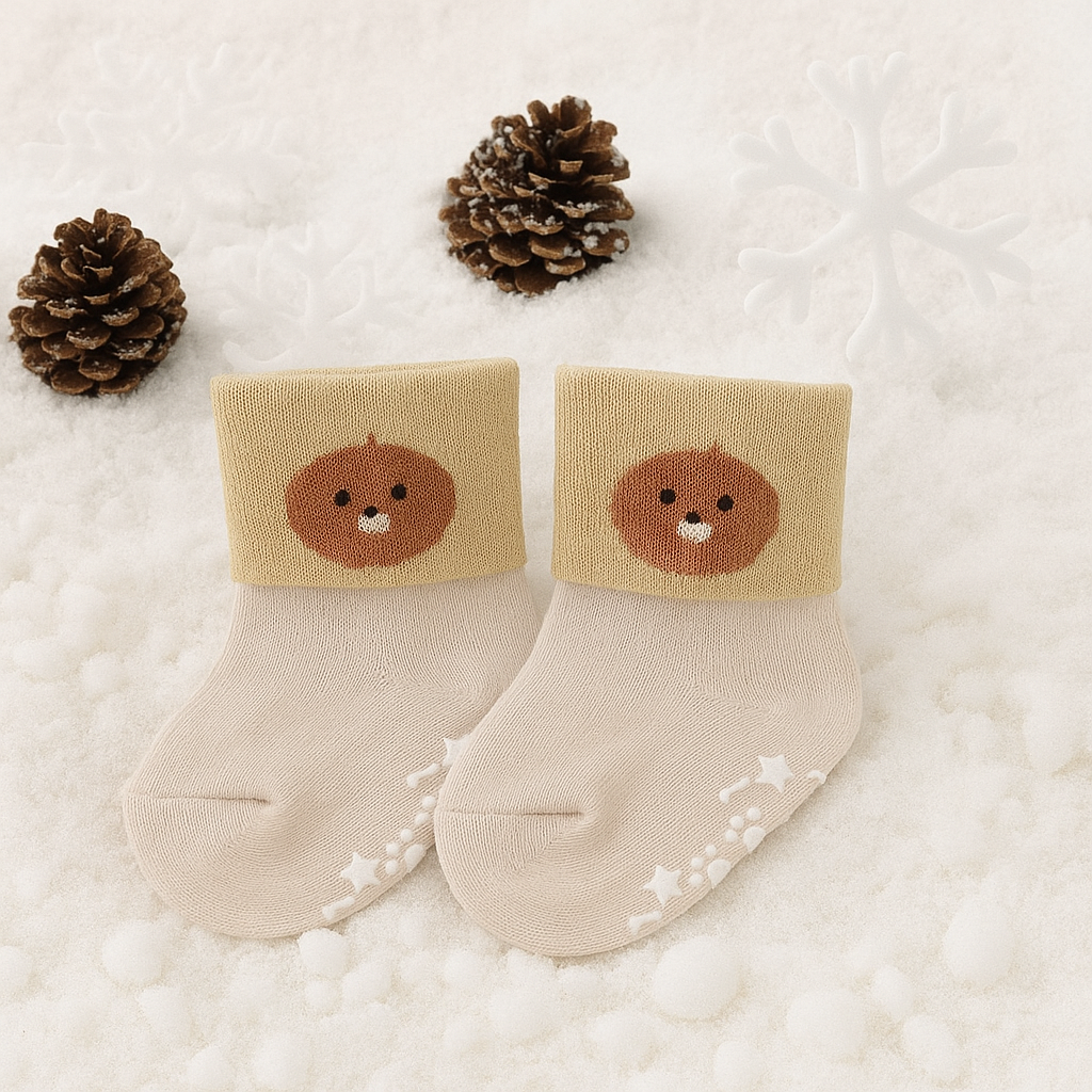 Smile Baby Winter Animal Face Socks Set for Infants – Pack of 3 Soft Cotton Warm Socks with Anti-Slip Grips , AGE 0-12M