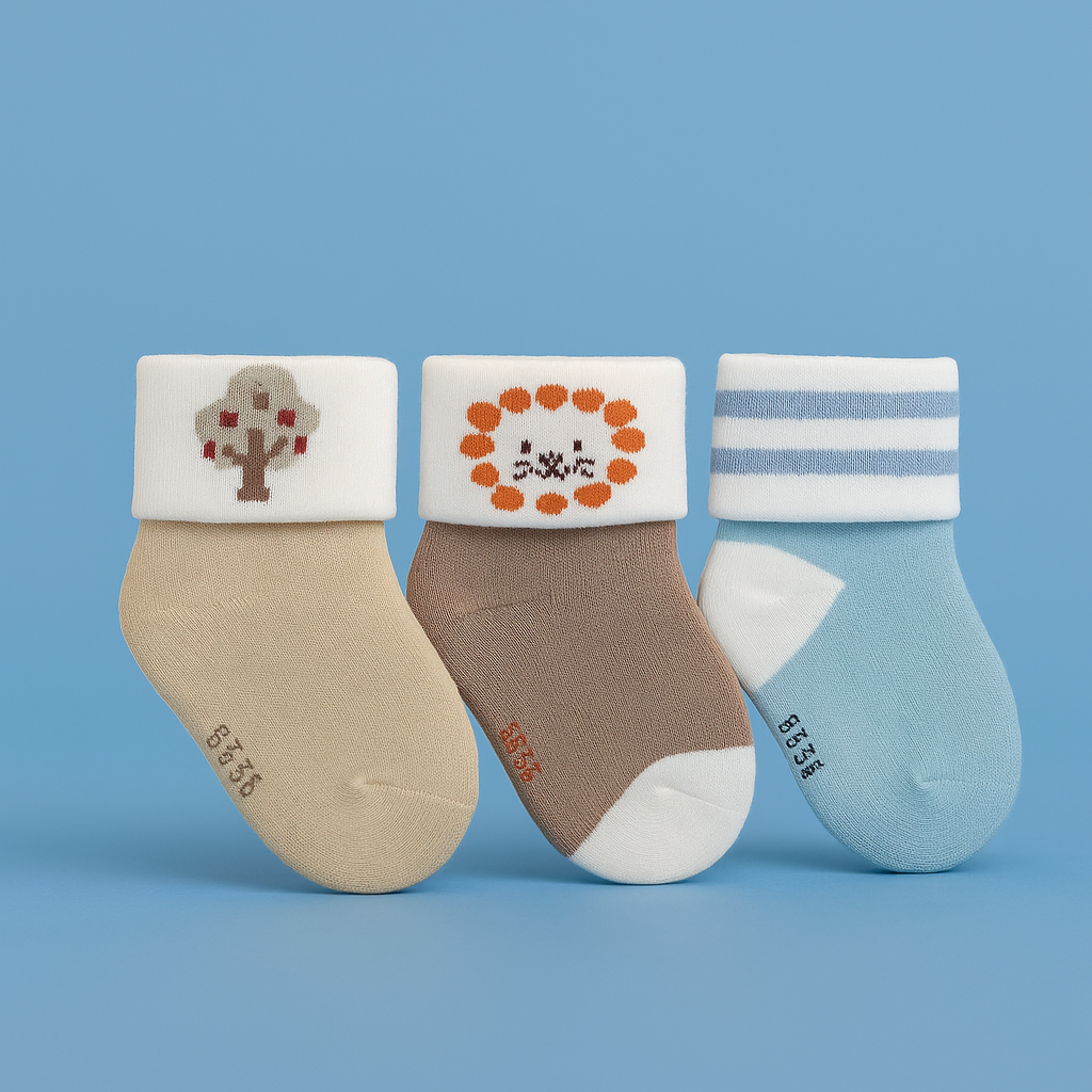 Smile Baby Unisex Cotton Anti-Slip Baby Socks – Soft, Breathable & Stretchable Infant Socks (Pack of 3 – Tree, Lion & Stripe Design) Age 0-12M