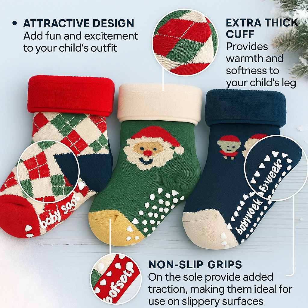SMILE BABY Soft Winter Baby Socks | Warm & Cozy Cotton Socks with Anti-Slip Sole | Cute Christmas Design | Pack of 3 – Red, Green & Blue | Age 0–12 Months