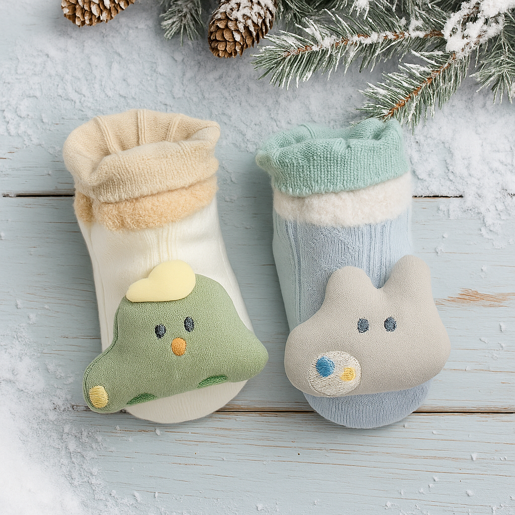 SMILE BABY Newborn Baby Booties | Soft Cotton Booties with Cute Animal Design | Warm & Cozy Infant Footwear (0–12 Months) Pack of 2