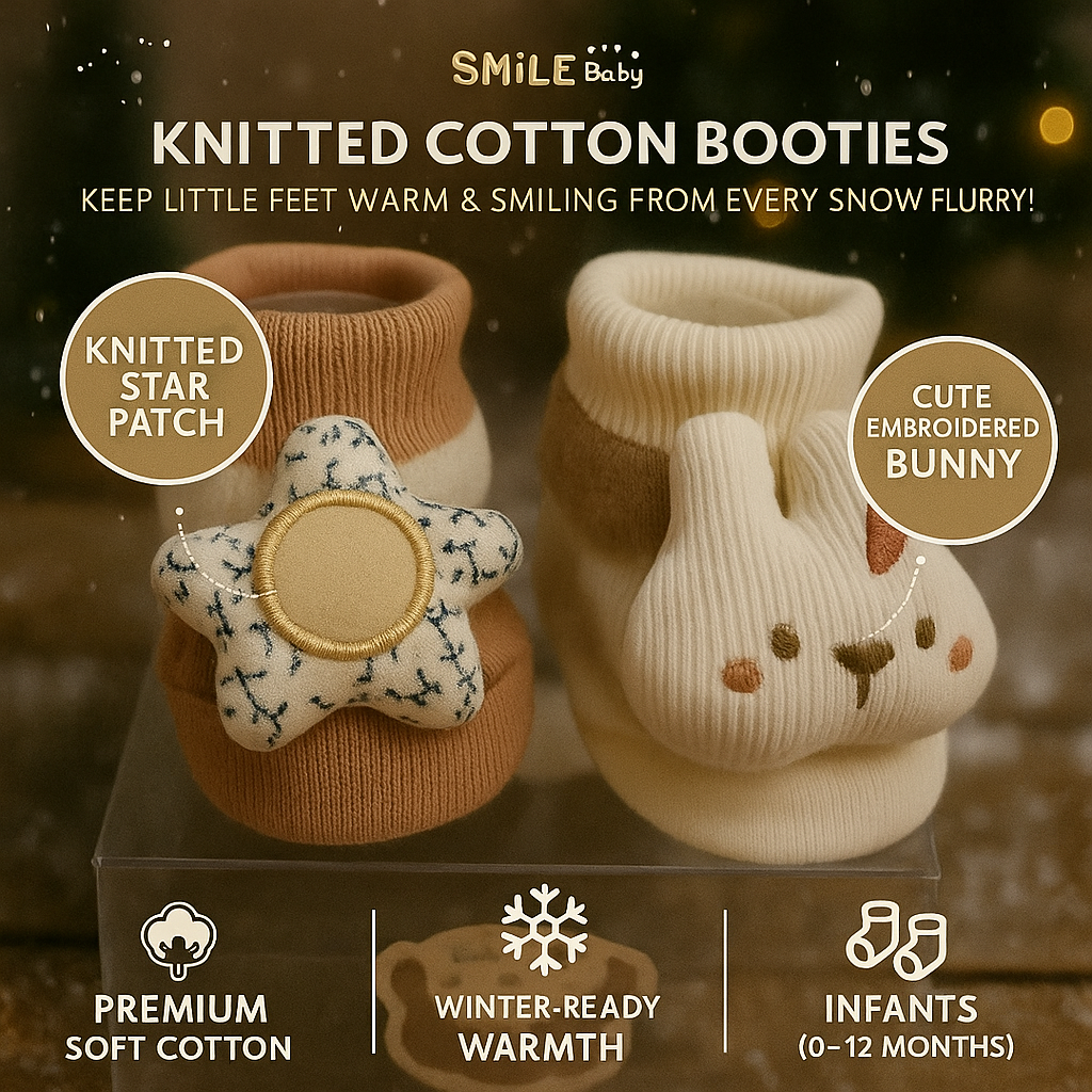SMILE BABY New Born Baby Booties | Soft Knitted Cotton Booties with Star & Bunny Designs | Warm Winter Booties for Infants (0–12 Months) | Cozy & Cute Baby Shoes Pack of 2