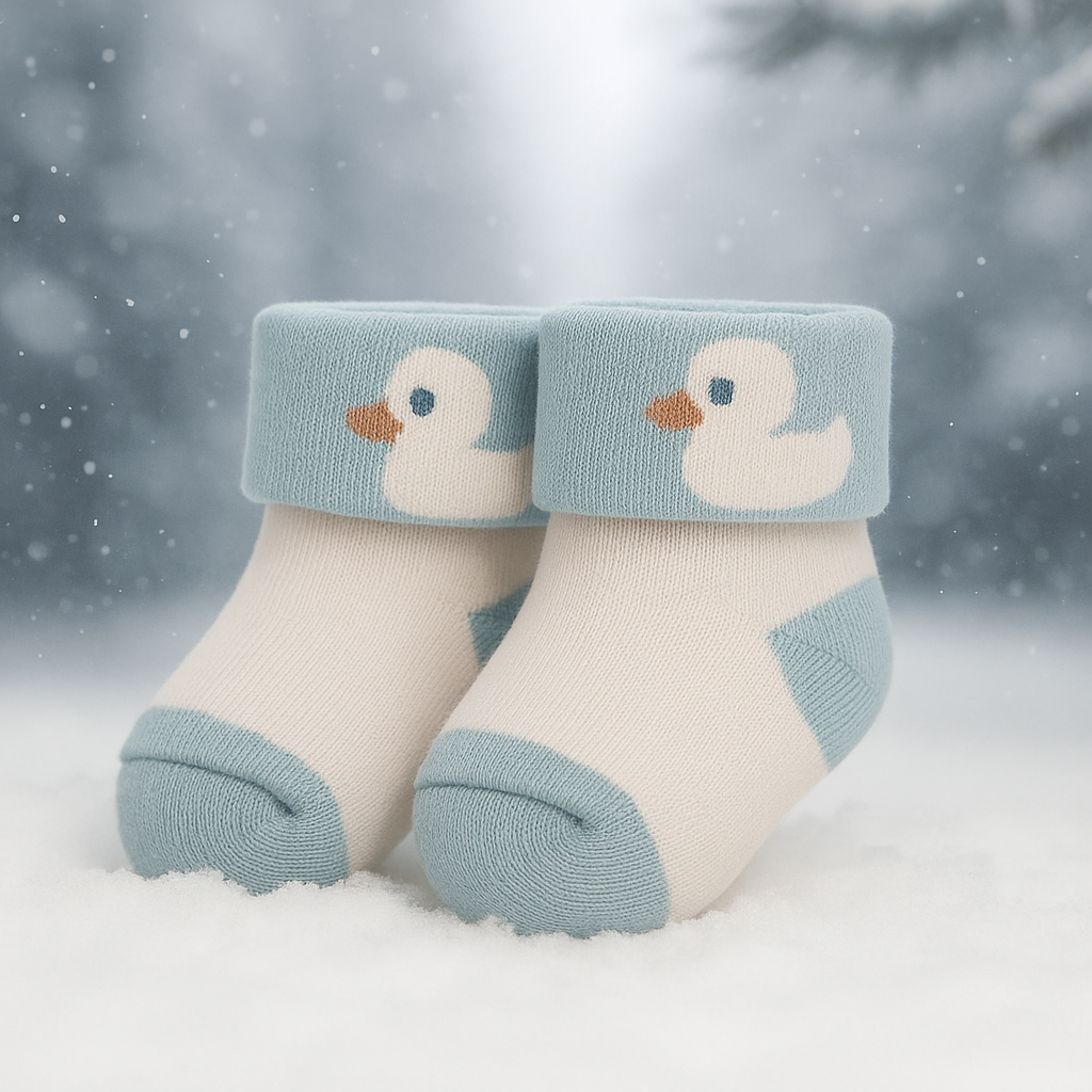 SMILE BABY Soft Winter Baby Socks | Warm Cotton Booties with Cute Animal Patterns | Anti-Slip & Stretchable | Pack of 3 – Blue, Brown & Green | 0-12 m