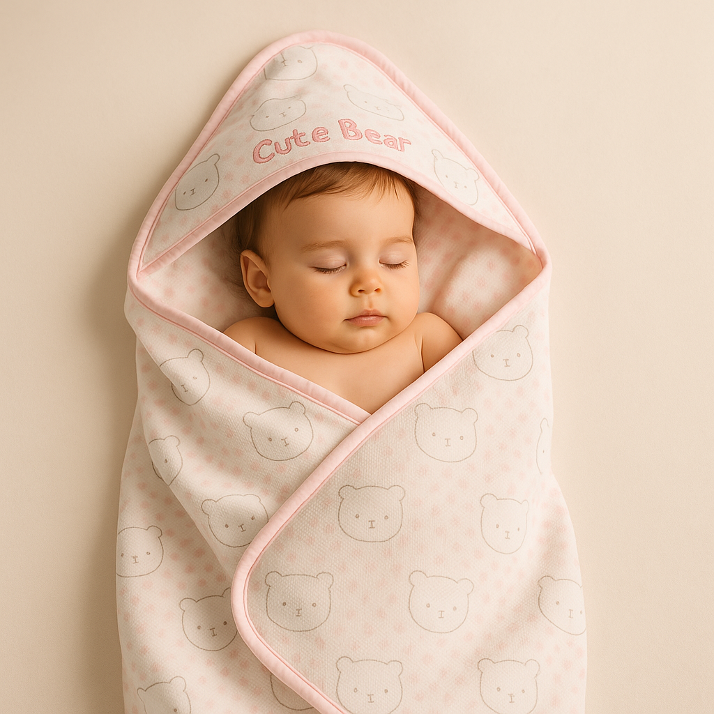 SUNNOZY Cute Bear Hooded Baby Blanket | Soft Cotton Swaddle Wrap for Newborn to 1 Year | Cozy Sleep Blanket with Ears | 75x100 cm | Available in Blue & Pink