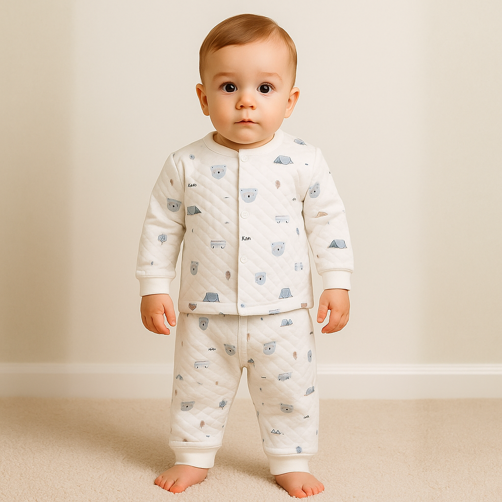 Ollypop Quilted Winter Wear Set for Baby Boys | Warm Cotton Outfit with Cute Bear & Camping Print | Ages 3M – 24M