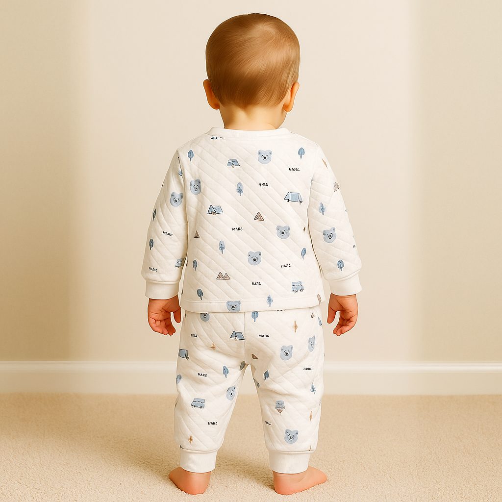 Ollypop Quilted Winter Wear Set for Baby Boys | Warm Cotton Outfit with Cute Bear & Camping Print | Ages 3M – 24M