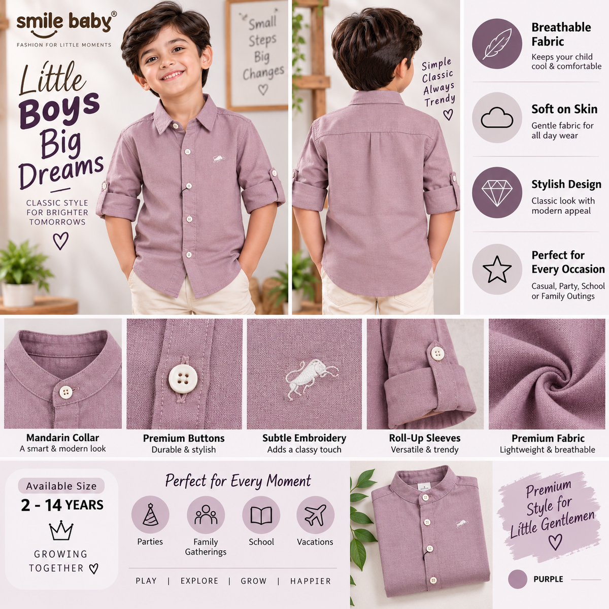 Smile Baby boys purple casual shirt A+ product infographic with shirt details