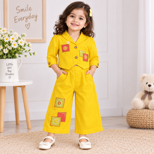 JUST TOTS lemon girls lemon co-ord set front view with patchwork jacket and wide-leg pants