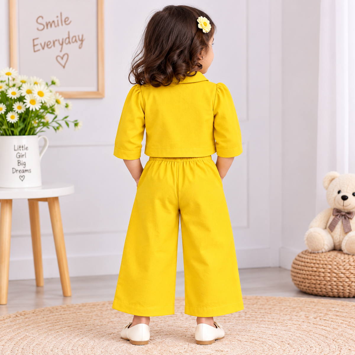 JUST TOTS lemon girls co-ord set back view showing top and wide-leg pants