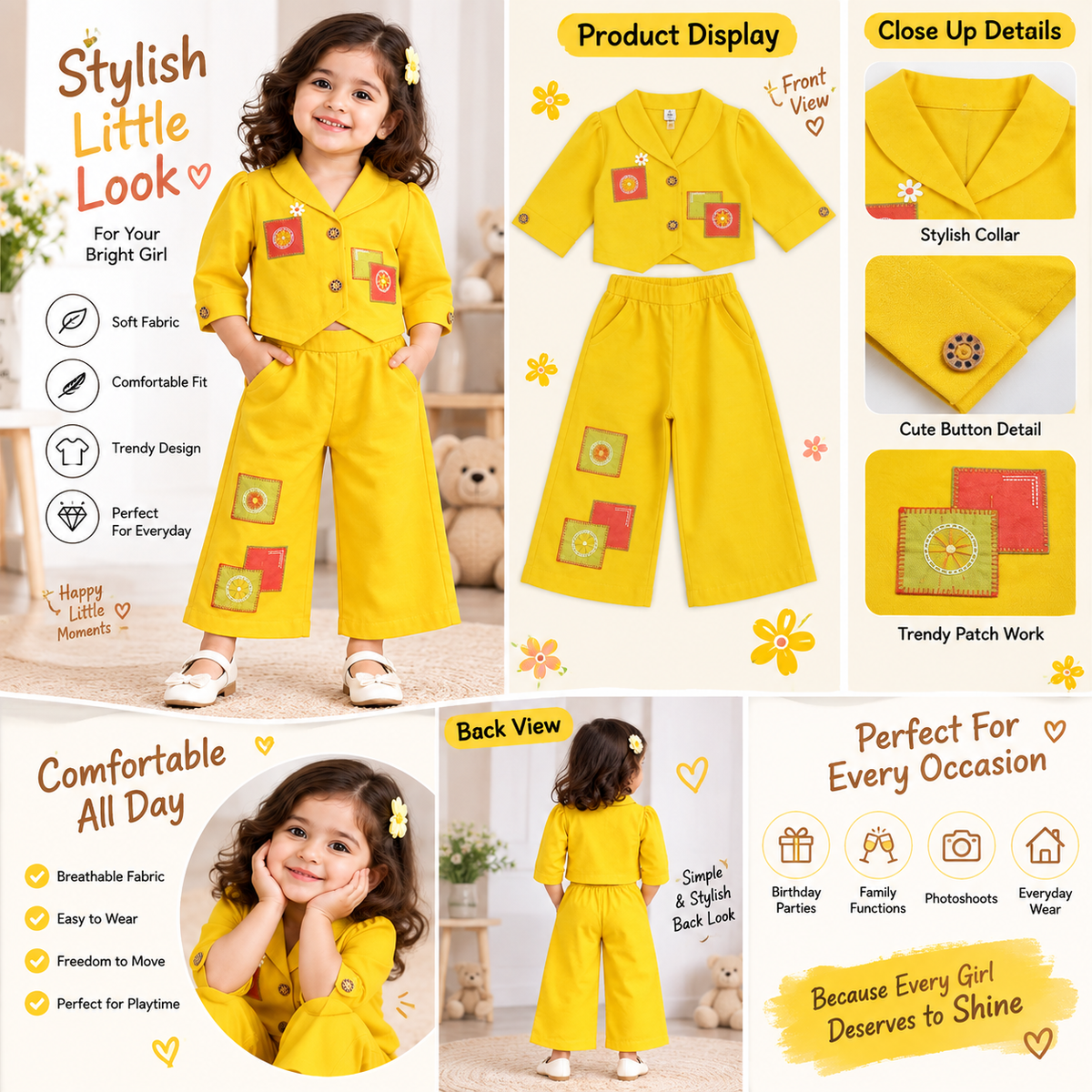 JUST TOTS lemon girls co-ord set with collar top and wide-leg pants