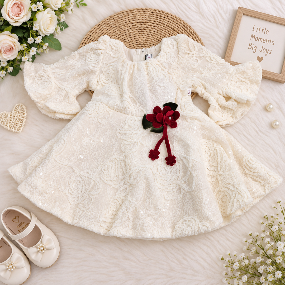 JUST TOTS cream girls floral frock flat lay with embroidered detailing