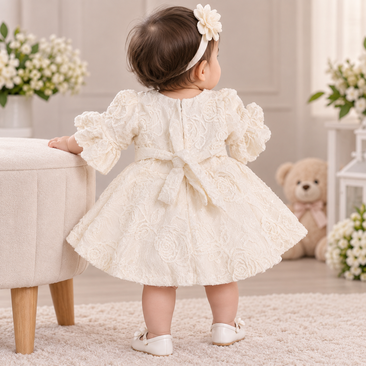 JUST TOTS cream floral frock for baby girls back view with tie bow