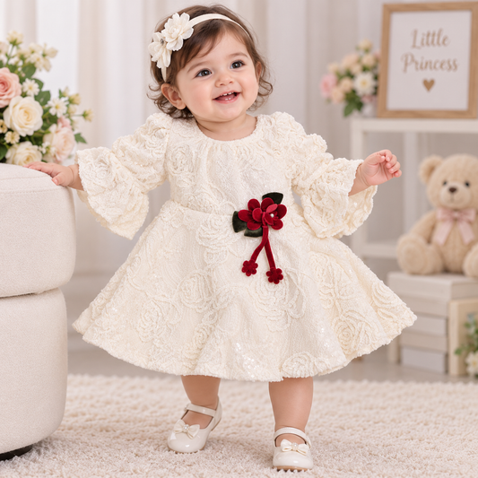 JUST TOTS cream floral embroidered frock for baby girls front view